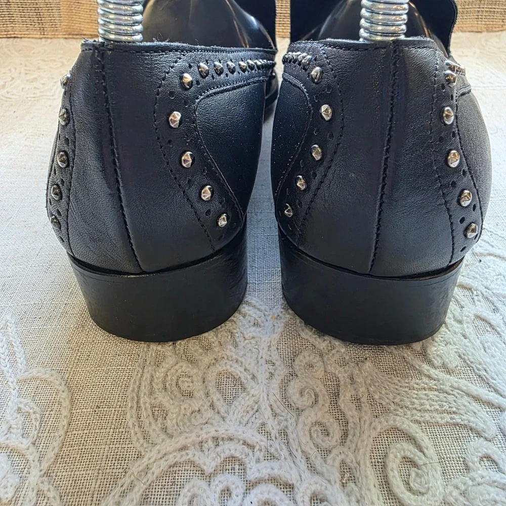 AllSaints Leather Studded Loafers 39 8.5 Black Silver Stud Slip On Shoe Portugal